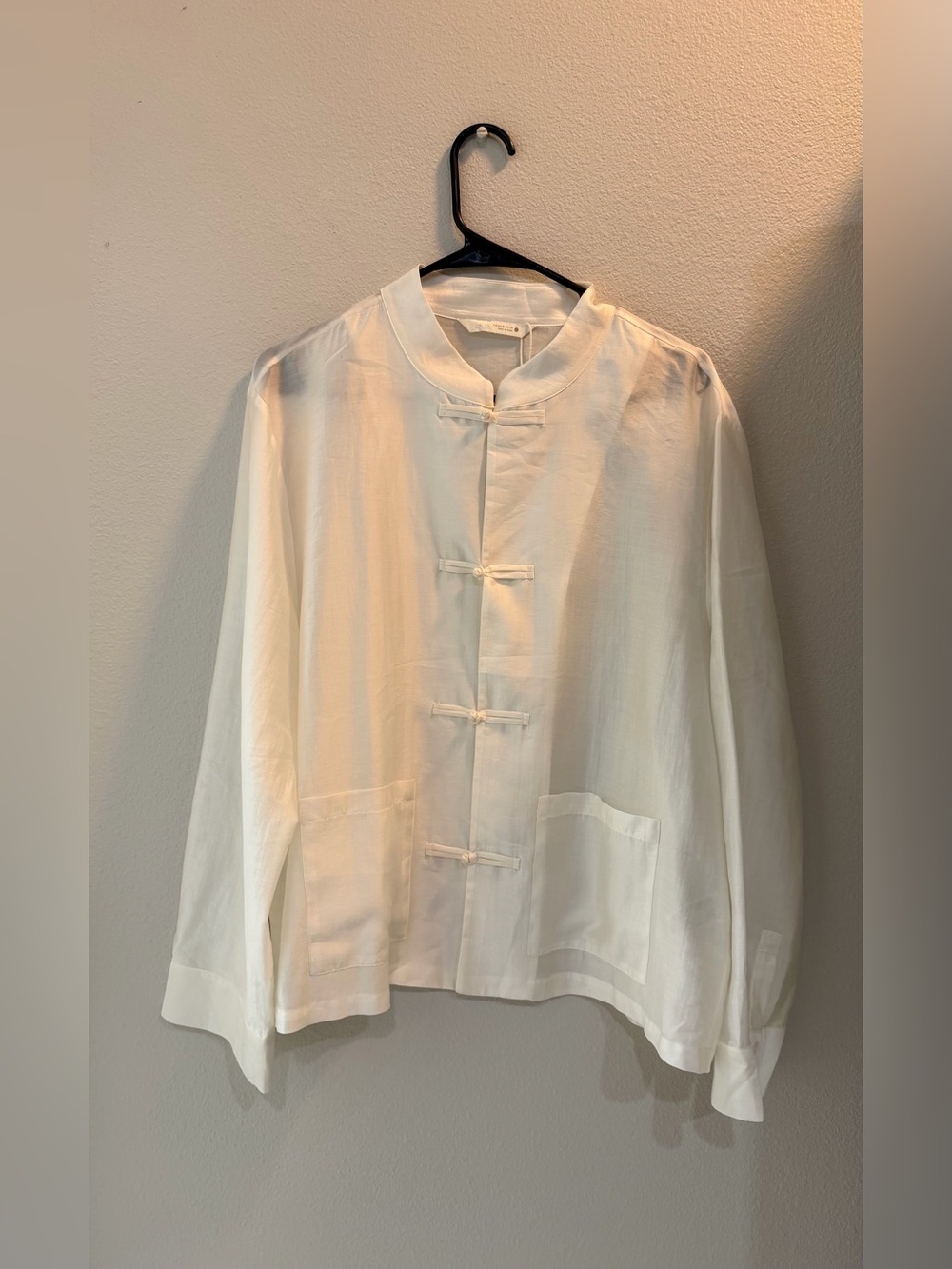 Zara White Mandarin-Collar Knot-Button Women’s Blouse